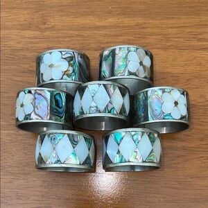 7 Vintage Silver Plated Abalone and Mother of Pearl Napkin Rings